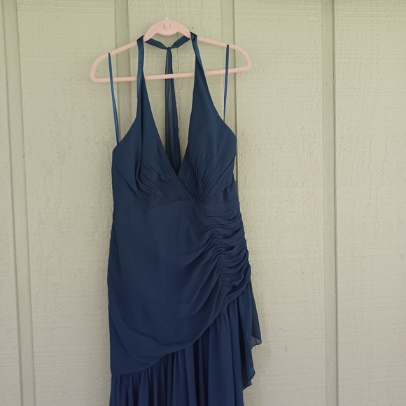 Mac Duggal Ieena Ruched Asymmetric Chiffon Dress Size 14 Women Feminine Navy - Picture 3 of 11
